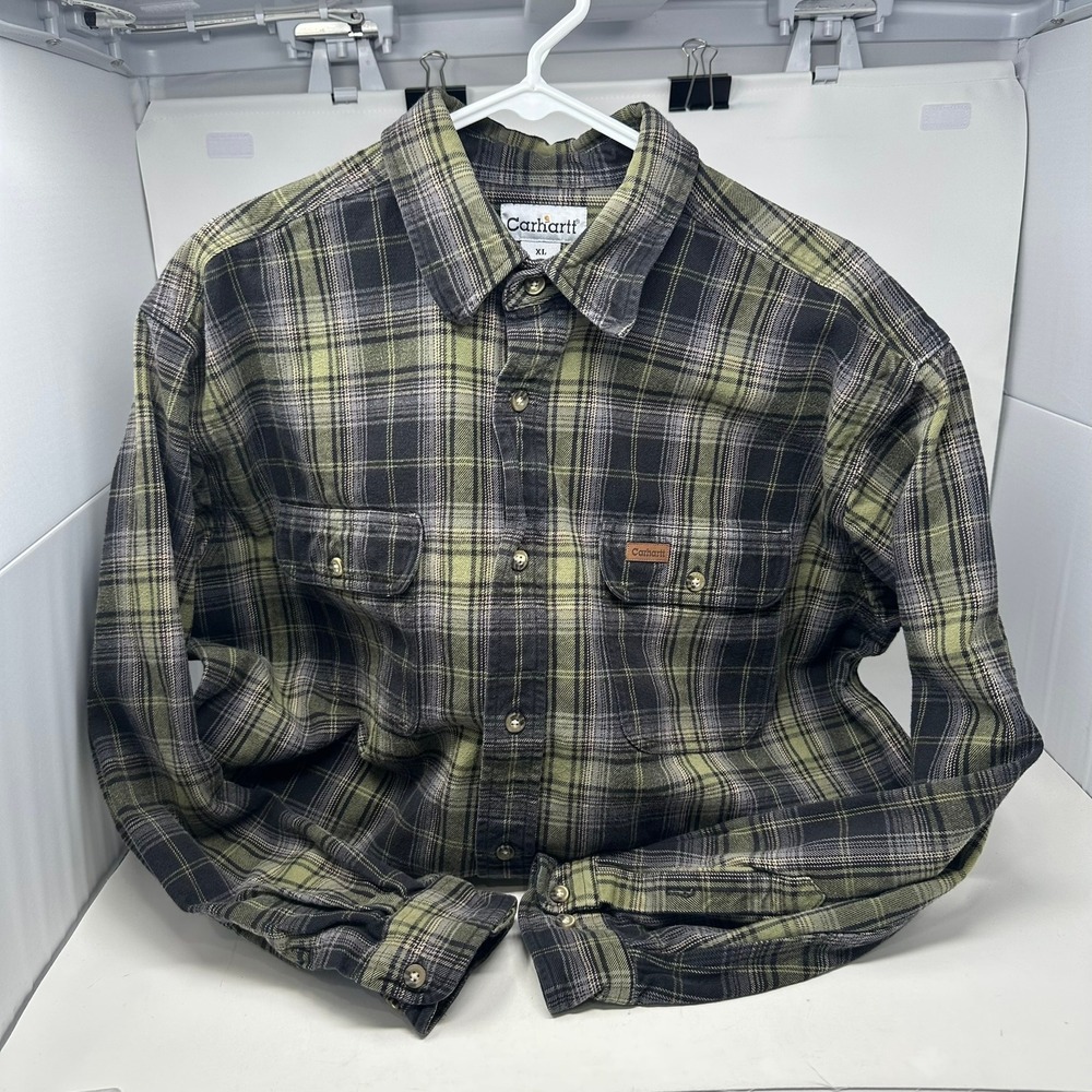 Carhartt Flannel Shirt Men XL Green Plaid S198LOV Long Sleeve Cotton Workwear